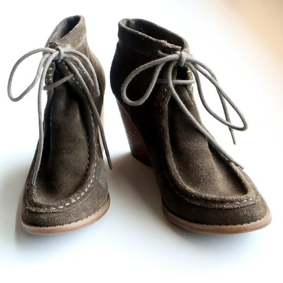 Lucky Brand Ysabel Military Green Lace-up Moc Toe Wedge Heel Ankle Boots Booties - Picture 5 of 16